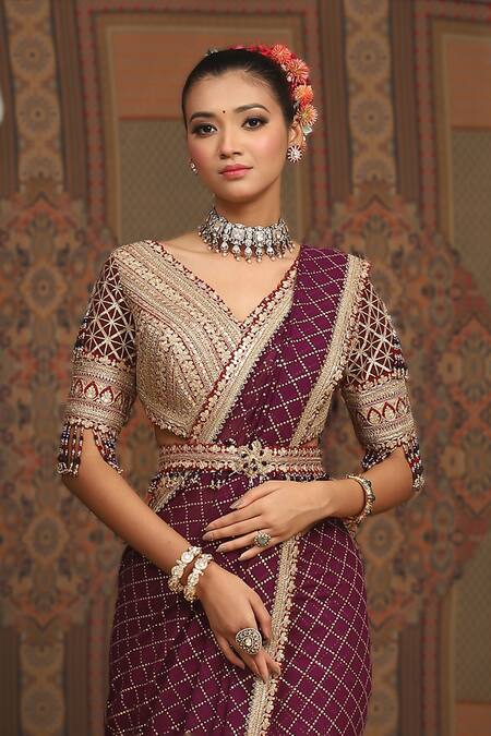 Shikhar Sharma Purple Saree Georgette Embroidered Gota V Neck Checkered Badla With Blouse Online at Aza Fashions Shikhar Sharma_Purple Saree Georgette Embroidered Gota V Neck Checkered Badla With Blouse _Online_at_Aza_Fashions