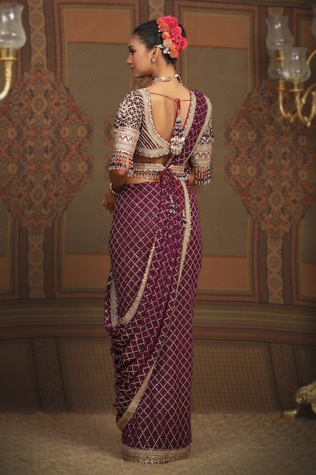 Shikhar Sharma Checkered Badla Embroidered Saree With Blouse 