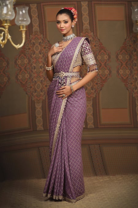 SHIKHAR SHARMA Geometric Badla Embroidered Saree With Blouse 