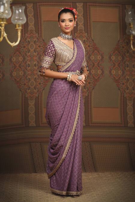 Shikhar Sharma_Purple Saree Georgette Embroidered Gota V Neck Geometric Badla With Blouse _Online_at_Aza_Fashions