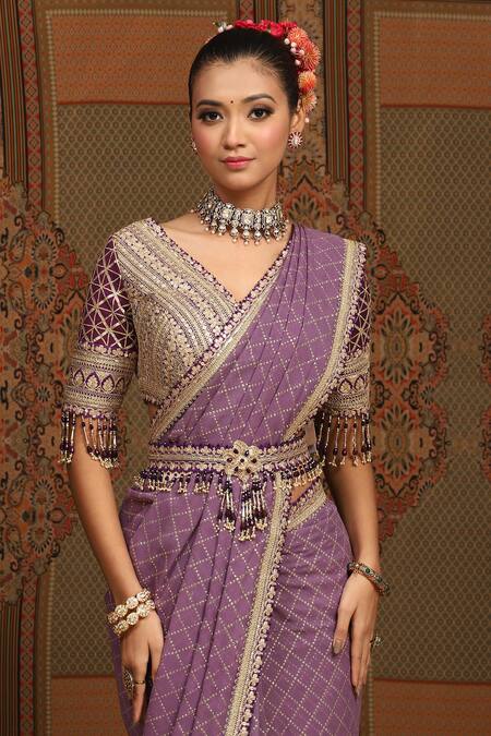 Buy_Shikhar Sharma_Purple Saree Georgette Embroidered Gota V Neck Geometric Badla With Blouse _Online_at_Aza_Fashions