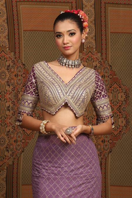 Shop_Shikhar Sharma_Purple Saree Georgette Embroidered Gota V Neck Geometric Badla With Blouse _Online_at_Aza_Fashions