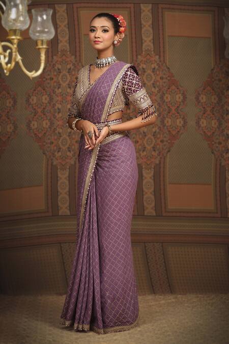 Shikhar Sharma_Purple Saree Georgette Embroidered Gota V Neck Geometric Badla With Blouse _at_Aza_Fashions