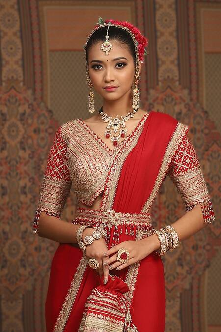 Shikhar Sharma_Red Saree Pure Crepe Embroidered Gota V Neck Border Work With Blouse _Online_at_Aza_Fashions