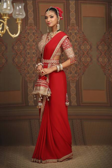 Buy_Shikhar Sharma_Red Saree Pure Crepe Embroidered Gota V Neck Border Work With Blouse _Online_at_Aza_Fashions
