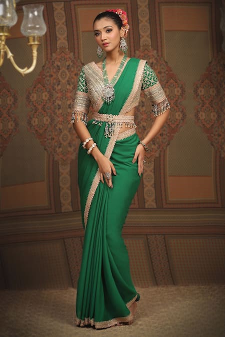 SHIKHAR SHARMA Green Saree Pure Crepe Embroidered Gota V Neck Bordered With Blouse 