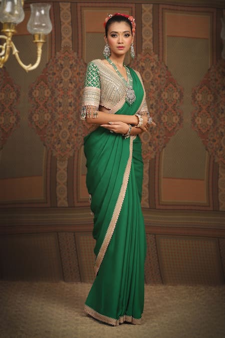 Shikhar Sharma_Green Saree Pure Crepe Embroidered Gota V Neck Bordered With Blouse _Online_at_Aza_Fashions