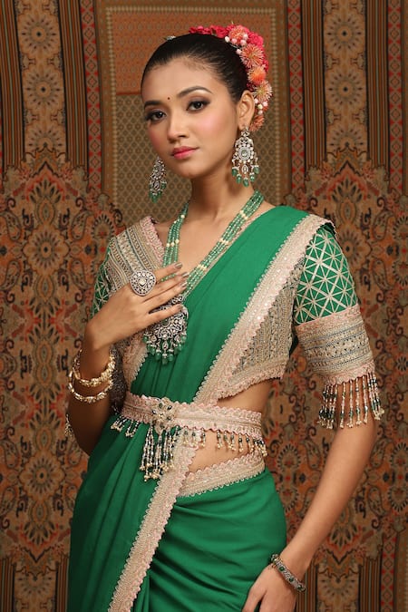 Buy_Shikhar Sharma_Green Saree Pure Crepe Embroidered Gota V Neck Bordered With Blouse _Online_at_Aza_Fashions