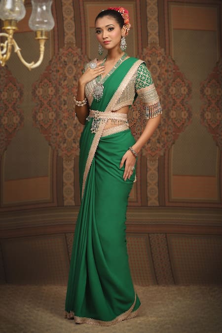 Shikhar Sharma_Green Saree Pure Crepe Embroidered Gota V Neck Bordered With Blouse _at_Aza_Fashions