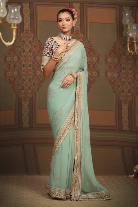 Shikhar Sharma_Green Saree Georgette Embroidered Gota V Neck Bordered With Blouse _Online_at_Aza_Fashions