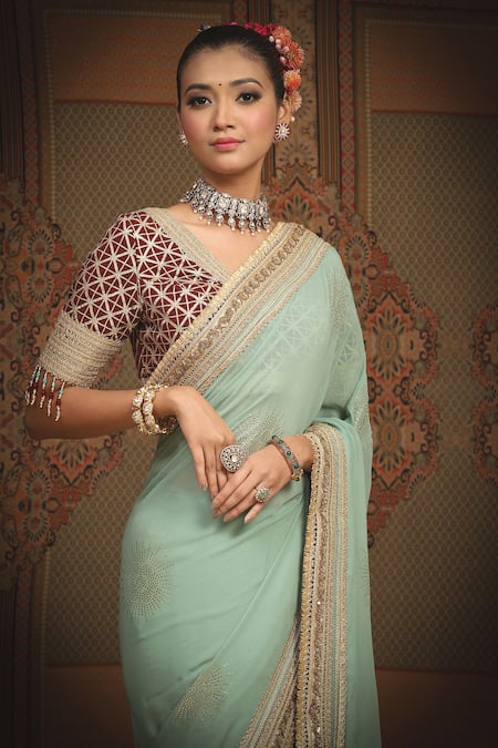 Buy_Shikhar Sharma_Green Saree Georgette Embroidered Gota V Neck Bordered With Blouse _Online_at_Aza_Fashions