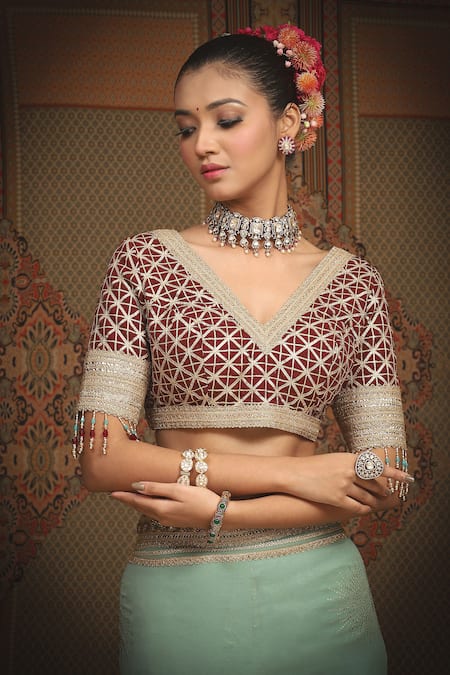 Shop_Shikhar Sharma_Green Saree Georgette Embroidered Gota V Neck Bordered With Blouse _Online_at_Aza_Fashions