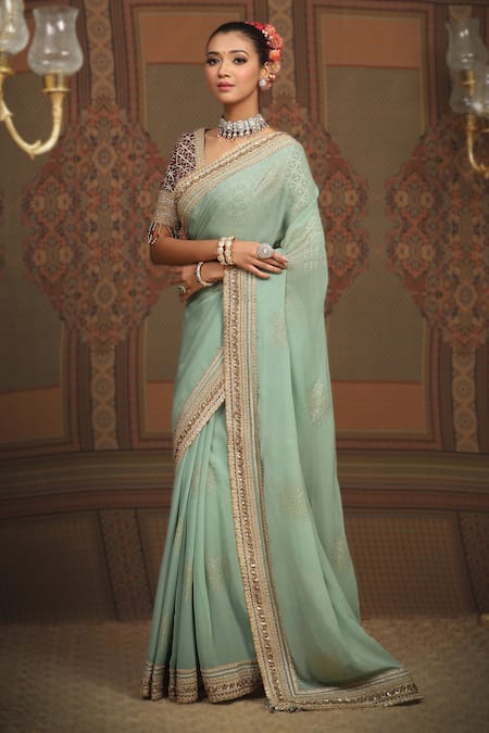 Shikhar Sharma_Green Saree Georgette Embroidered Gota V Neck Bordered With Blouse _at_Aza_Fashions