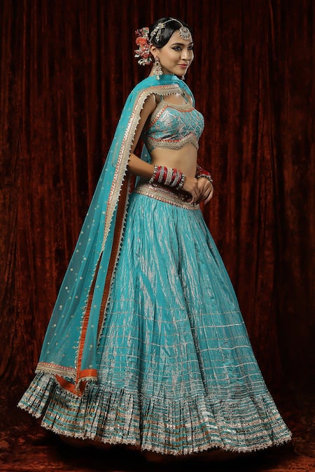 Shikhar Sharma Blue Lehenga Cotton Shimmer Chanderi Embroidery Gota Sweetheart Geometric Set Online at Aza Fashions Shikhar Sharma_Blue Lehenga Cotton Shimmer Chanderi Embroidery Gota Sweetheart Geometric Set _Online_at_Aza_Fashions