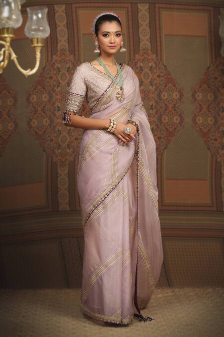 Shikhar Sharma_Purple Sareesilk Organza Embroidered Gota V Neck Leheriya Saree With Blouse _Online_at_Aza_Fashions