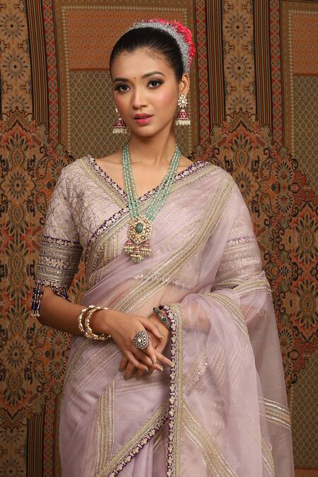 Buy_Shikhar Sharma_Purple Sareesilk Organza Embroidered Gota V Neck Leheriya Saree With Blouse _Online_at_Aza_Fashions