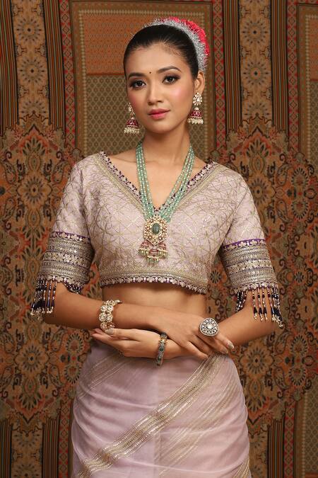 Shop_Shikhar Sharma_Purple Sareesilk Organza Embroidered Gota V Neck Leheriya Saree With Blouse _Online_at_Aza_Fashions