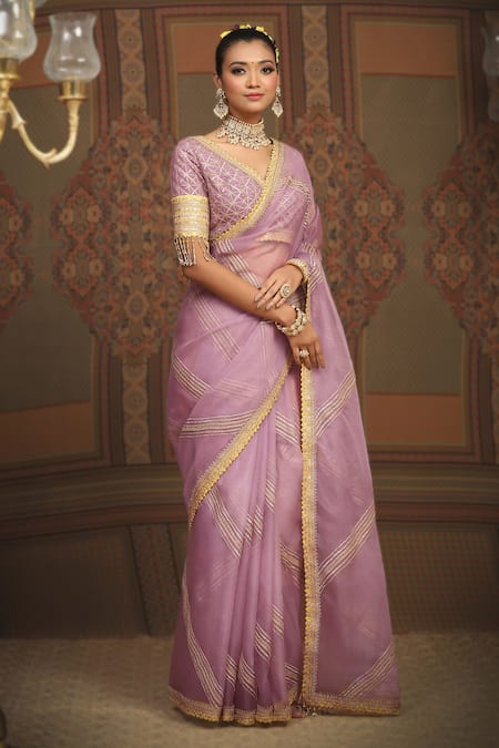 SHIKHAR SHARMA Purple Sareesilk Organza Embroidered Leheriya Pattern Work Saree With Blouse 