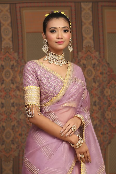 Shikhar Sharma Purple Sareesilk Organza Embroidered Leheriya Pattern Work Saree With Blouse Online at Aza Fashions Shikhar Sharma_Purple Sareesilk Organza Embroidered Leheriya Pattern Work Saree With Blouse _Online_at_Aza_Fashions