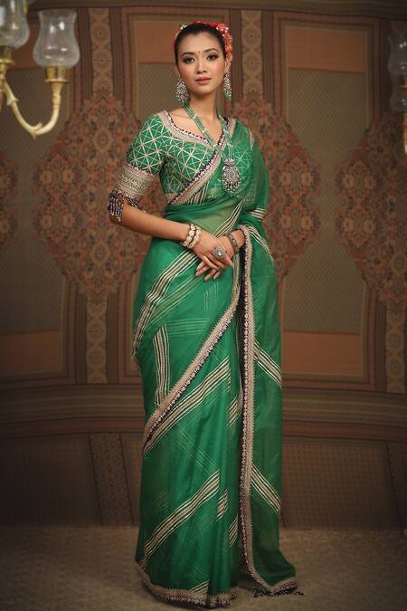 Shikhar Sharma_Emerald Green Sareesilk Organza Embroidered Leheriya Work Saree With Blouse _Online_at_Aza_Fashions