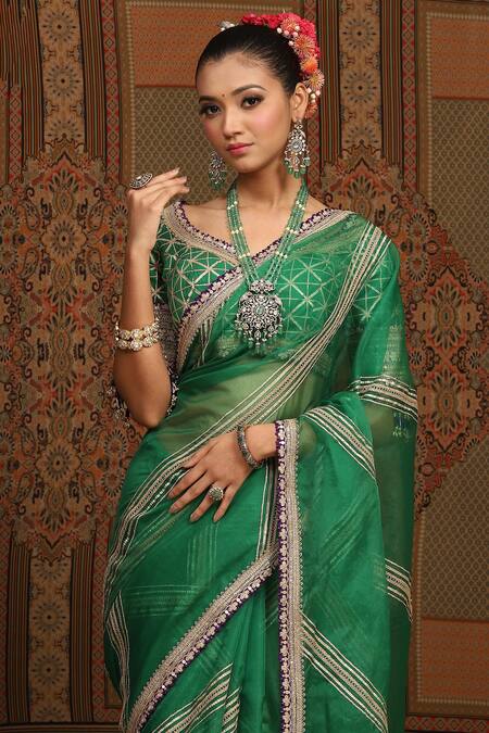 Buy_Shikhar Sharma_Emerald Green Sareesilk Organza Embroidered Leheriya Work Saree With Blouse _Online_at_Aza_Fashions