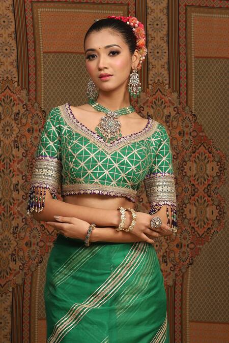 Shop_Shikhar Sharma_Emerald Green Sareesilk Organza Embroidered Leheriya Work Saree With Blouse _Online_at_Aza_Fashions