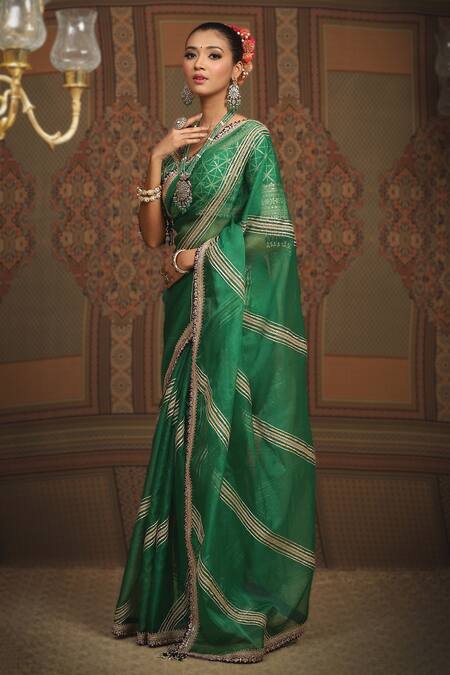 Shikhar Sharma_Emerald Green Sareesilk Organza Embroidered Leheriya Work Saree With Blouse _at_Aza_Fashions