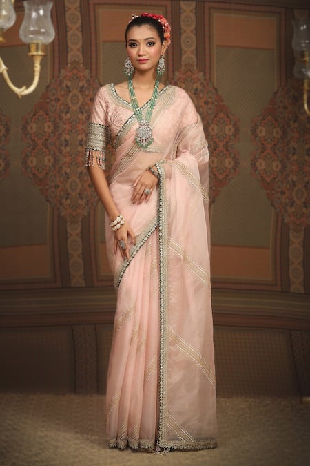 SHIKHAR SHARMA Pink Sareesilk Organza Embroidered Leheriya Pattern Work Saree With Blouse 