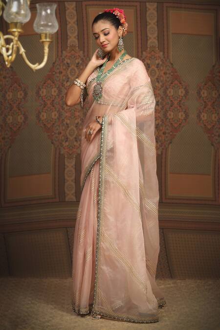 Shikhar Sharma Pink Sareesilk Organza Embroidered Leheriya Pattern Work Saree With Blouse at Aza Fashions Shikhar Sharma_Pink Sareesilk Organza Embroidered Leheriya Pattern Work Saree With Blouse _at_Aza_Fashions