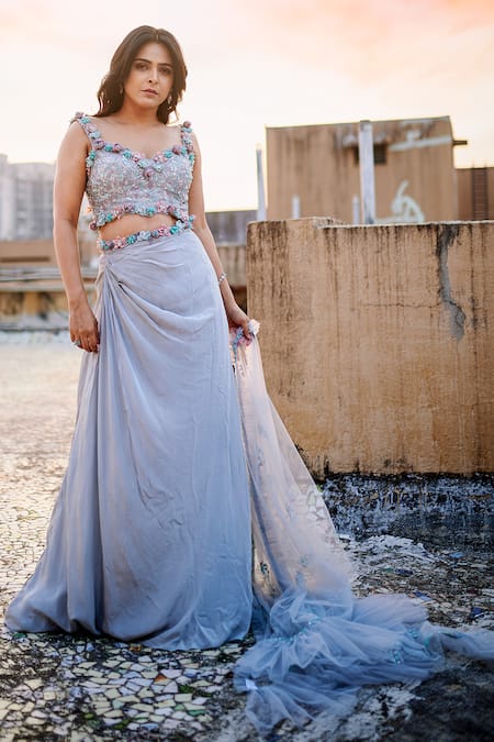 Baya Grey Organza, Crepe, Viscose, Net Pearls, Draped Skirt Corset Blouse Set at Aza Fashions Baya_Grey Organza, Crepe, Viscose, Net Pearls, Draped Skirt Corset Blouse Set _at_Aza_Fashions