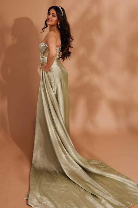Shop_Baya_Green Satin, Net, Viscose Cut Floral Embroidered Draped Sleeve Gown With Belt 