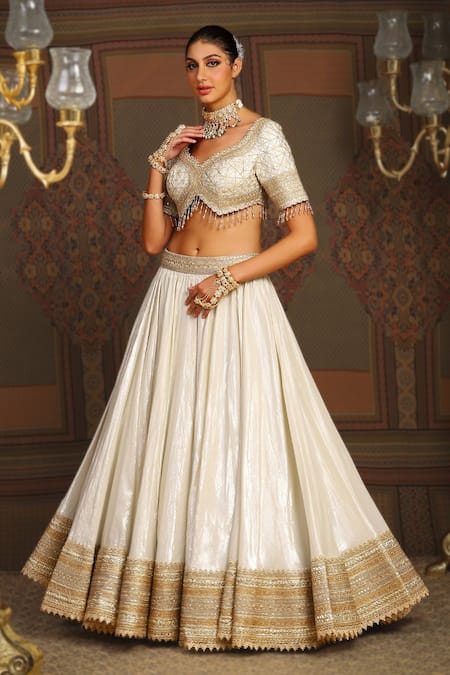 Buy_Shikhar Sharma_Silver Cotton Simmer Chanderi Embroidery Chandni And Badla Bridal Lehenga Set _Online_at_Aza_Fashions