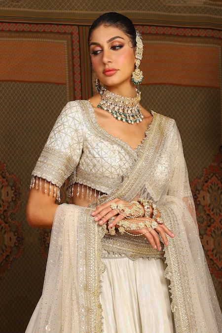 Shop_Shikhar Sharma_Silver Cotton Simmer Chanderi Embroidery Chandni And Badla Bridal Lehenga Set _Online_at_Aza_Fashions