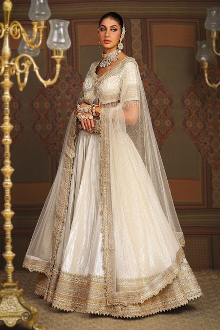 Buy_Shikhar Sharma_Silver Cotton Simmer Chanderi Embroidery Chandni And Badla Bridal Lehenga Set 