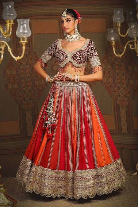 Buy_Shikhar Sharma_Red Silk, Georgette, Taffeta Tassels, Rajwadi Embroidered Bridal Lehenga Set _Online_at_Aza_Fashions