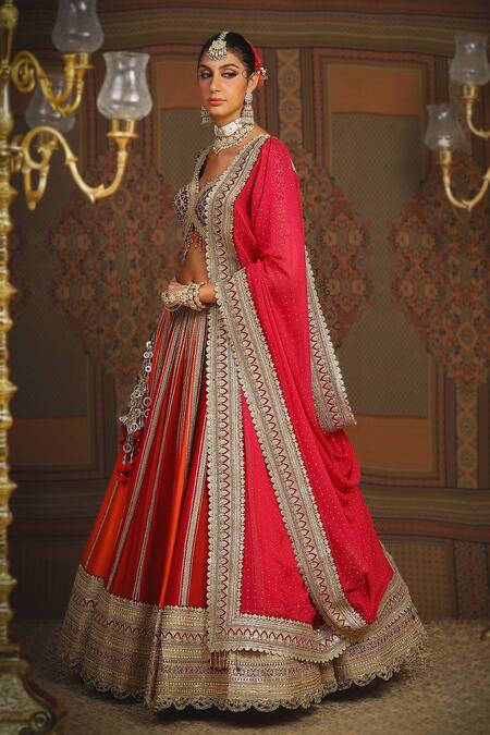 Buy_Shikhar Sharma_Red Silk, Georgette, Taffeta Tassels, Rajwadi Embroidered Bridal Lehenga Set 
