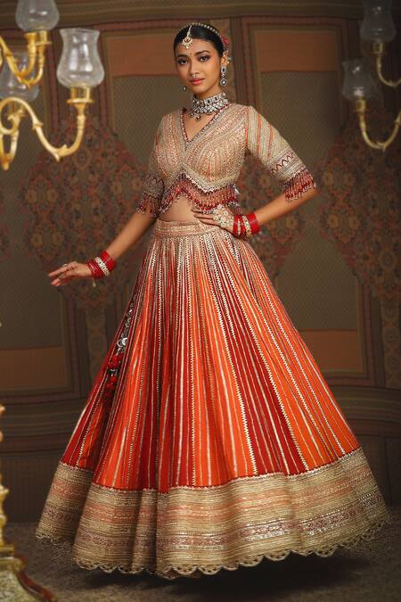 Shikhar Sharma Maroon Silk Chanderi Embroidery Gota V Neck Chevron Gulista Bridal Lehenga Set Online at Aza Fashions Shikhar Sharma_Maroon Silk Chanderi Embroidery Gota V Neck Chevron Gulista Bridal Lehenga Set _Online_at_Aza_Fashions