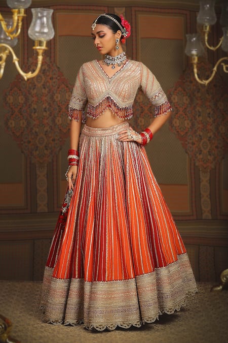 Buy Shikhar Sharma Maroon Silk Chanderi Embroidery Gota V Neck Chevron Gulista Bridal Lehenga Set Online at Aza Fashions Buy_Shikhar Sharma_Maroon Silk Chanderi Embroidery Gota V Neck Chevron Gulista Bridal Lehenga Set _Online_at_Aza_Fashions