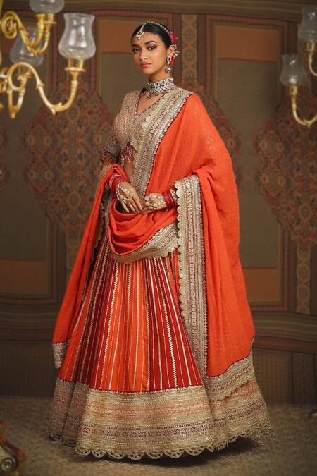 Shop Shikhar Sharma Maroon Silk Chanderi Embroidery Gota V Neck Chevron Gulista Bridal Lehenga Set Online at Aza Fashions Shop_Shikhar Sharma_Maroon Silk Chanderi Embroidery Gota V Neck Chevron Gulista Bridal Lehenga Set _Online_at_Aza_Fashions