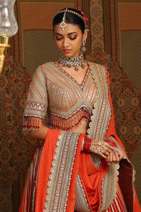 Shikhar Sharma Maroon Silk Chanderi Embroidery Gota V Neck Chevron Gulista Bridal Lehenga Set at Aza Fashions Shikhar Sharma_Maroon Silk Chanderi Embroidery Gota V Neck Chevron Gulista Bridal Lehenga Set _at_Aza_Fashions