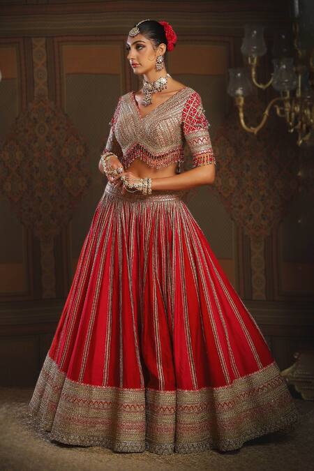 Buy_Shikhar Sharma_Red Silk, Chanderi, Georgette Embroidery, Rafflesia Gul Bridal Lehenga Set _Online_at_Aza_Fashions