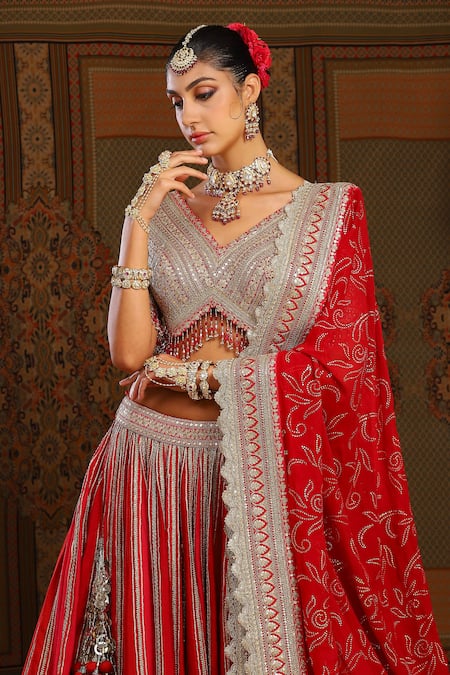 Shop_Shikhar Sharma_Red Silk, Chanderi, Georgette Embroidery, Rafflesia Gul Bridal Lehenga Set _Online_at_Aza_Fashions