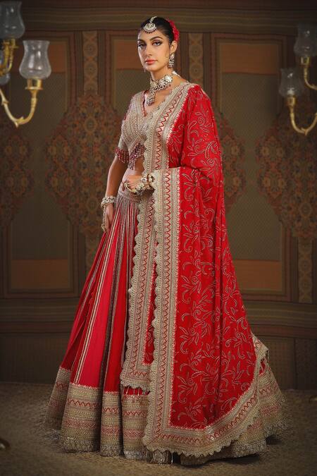Buy_Shikhar Sharma_Red Silk, Chanderi, Georgette Embroidery, Rafflesia Gul Bridal Lehenga Set 