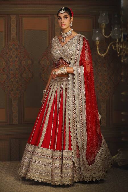 Shikhar Sharma_Red Silk, Net, Chanderi, Taffeta Embroidery, Ornate Bloom Bridal Lehenga Set _Online_at_Aza_Fashions