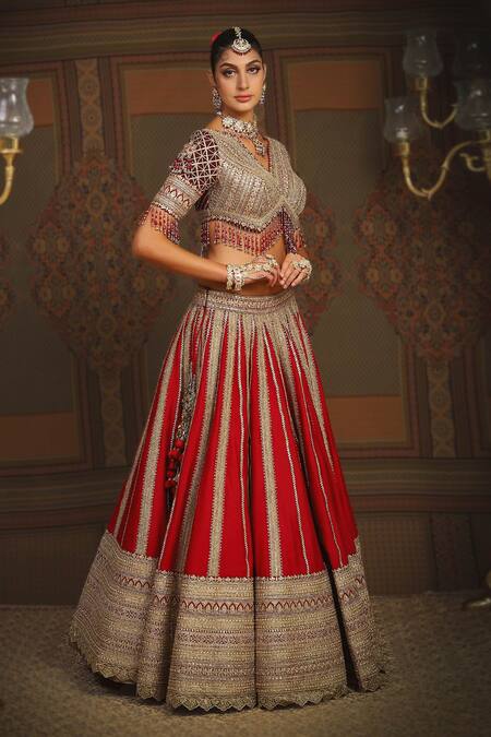 Buy_Shikhar Sharma_Red Silk, Net, Chanderi, Taffeta Embroidery, Ornate Bloom Bridal Lehenga Set _Online_at_Aza_Fashions