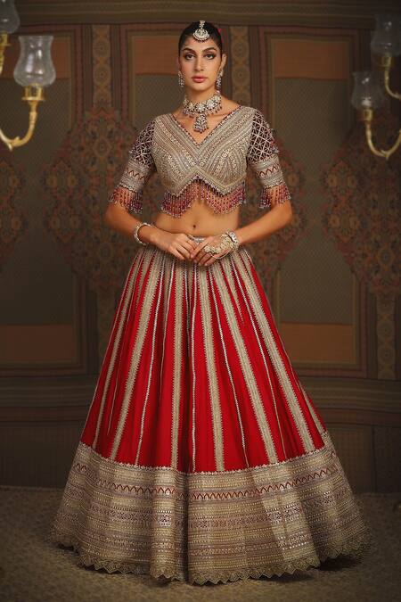 Shop_Shikhar Sharma_Red Silk, Net, Chanderi, Taffeta Embroidery, Ornate Bloom Bridal Lehenga Set _Online_at_Aza_Fashions