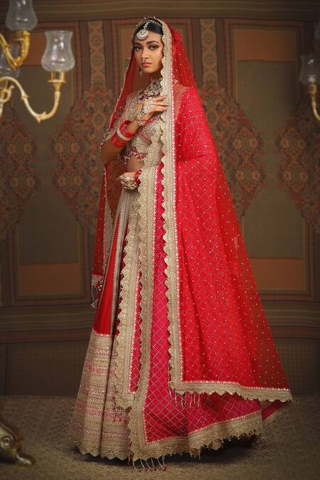Buy_Shikhar Sharma_Red Net, Silk, Georgette, Chanderi Embroidery, Maharani Bridal Lehenga Set 
