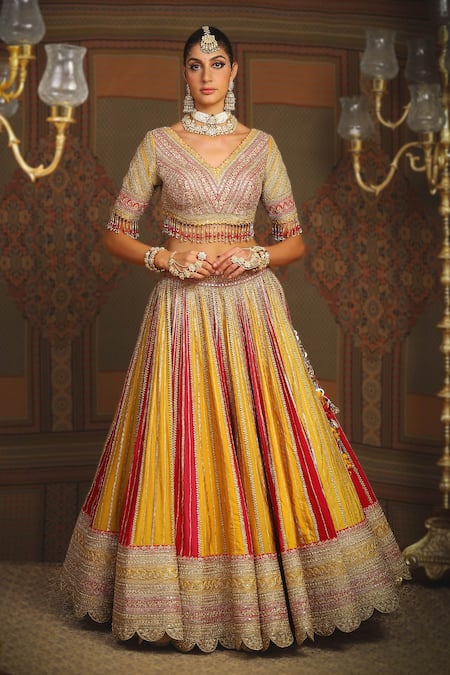 Shikhar Sharma_Yellow Silk Chanderi Embroidery Gota V Neck Phulwari Bridal Lehenga Set _Online_at_Aza_Fashions