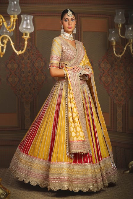 Buy_Shikhar Sharma_Yellow Silk Chanderi Embroidery Gota V Neck Phulwari Bridal Lehenga Set _Online_at_Aza_Fashions