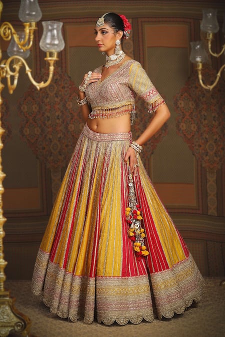 Shop_Shikhar Sharma_Yellow Silk Chanderi Embroidery Gota V Neck Phulwari Bridal Lehenga Set _Online_at_Aza_Fashions
